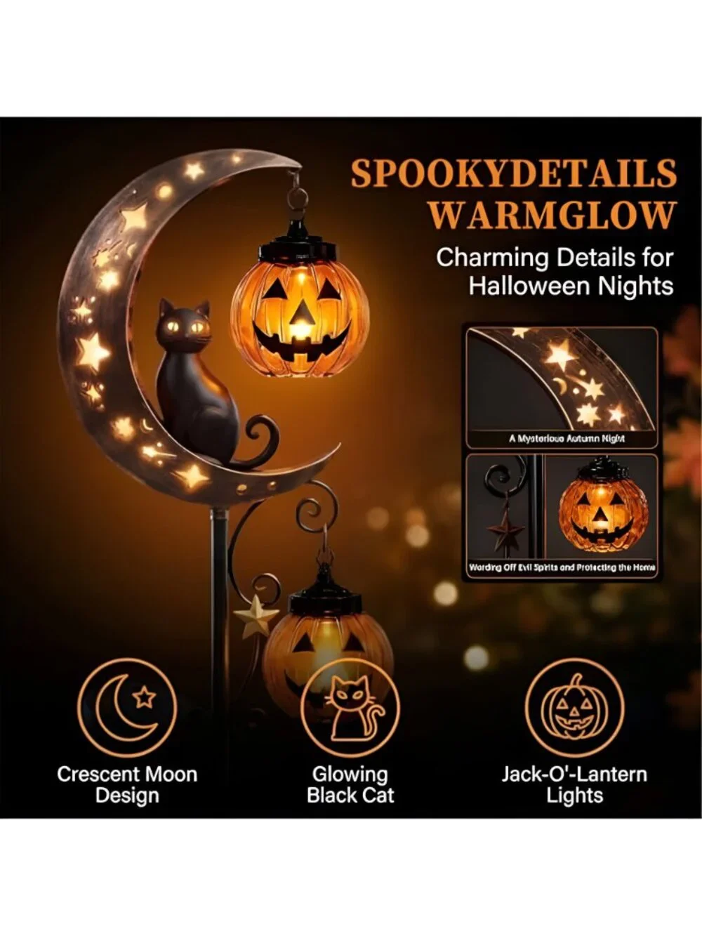 Solar Halloween Black Cat & Pumpkin Moon Garden Stake Light, Jack-o'-Lantern
